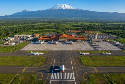 Aircraft taxiing at Kilimanjaro airport with Mount Kilimanjaro behind, highlighting global airfreight connections