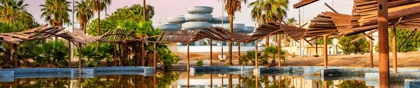Scenic view of wooden pergolas, palm trees, and reflective water at a park in Jeddah, Saudi Arabia