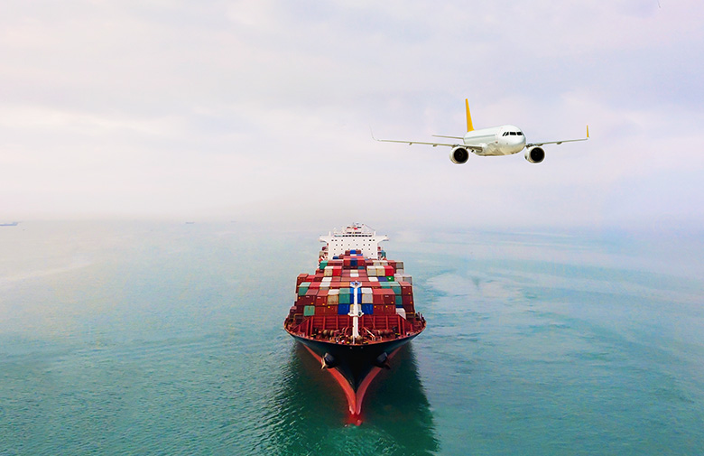 cargo-ship-carrying-containers-on-the-ocean-with-an-airplane-flying-above-it
