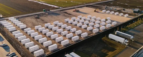 Battery energy storage units at a Scan Global Logistics facility, supporting sustainable logistics operations.