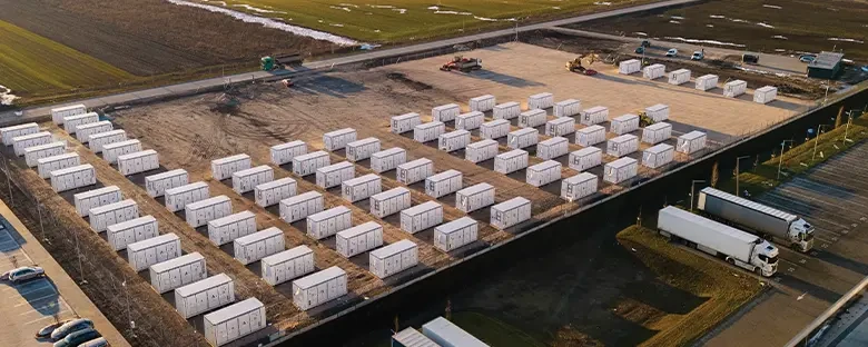 Battery energy storage units at a Scan Global Logistics facility, supporting sustainable logistics operations.